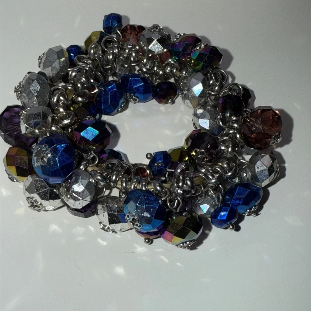Large size Multicolor Beaded blue metallic cha cha style stretch Bracelet